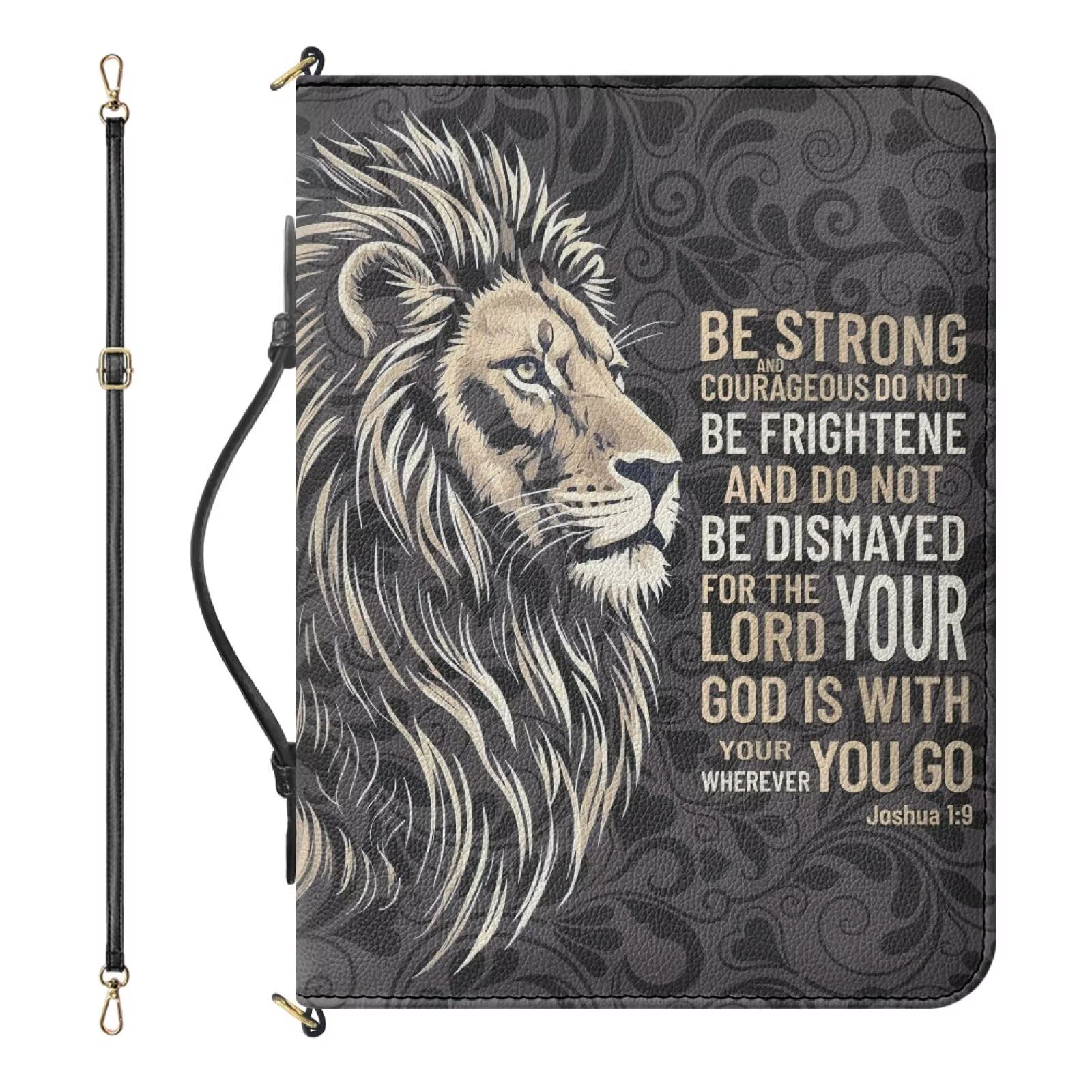 Drnuikhe Extra Large Bible Cover Cases for Men, Black Bible Bags with Strap and Handle, Lion Print Joshua 1:9 PU Leather Bible Holder with Inner Pockets and Pen Loop, Church Bags for Women