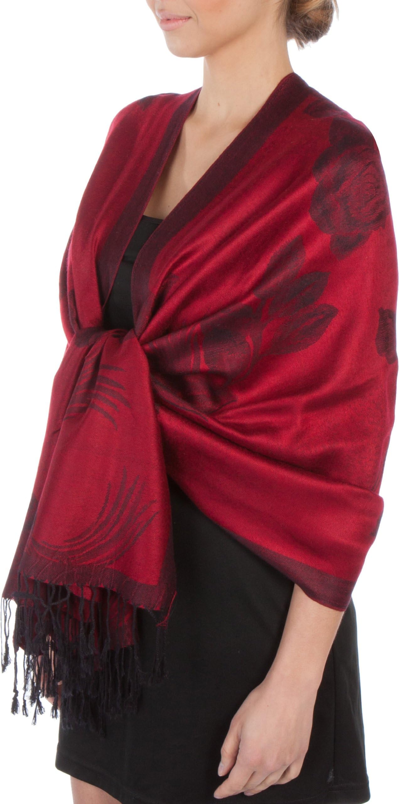 Two Tone Floral Rose Reversible Pashmina Scarf Shawl Wrap Stole for Women