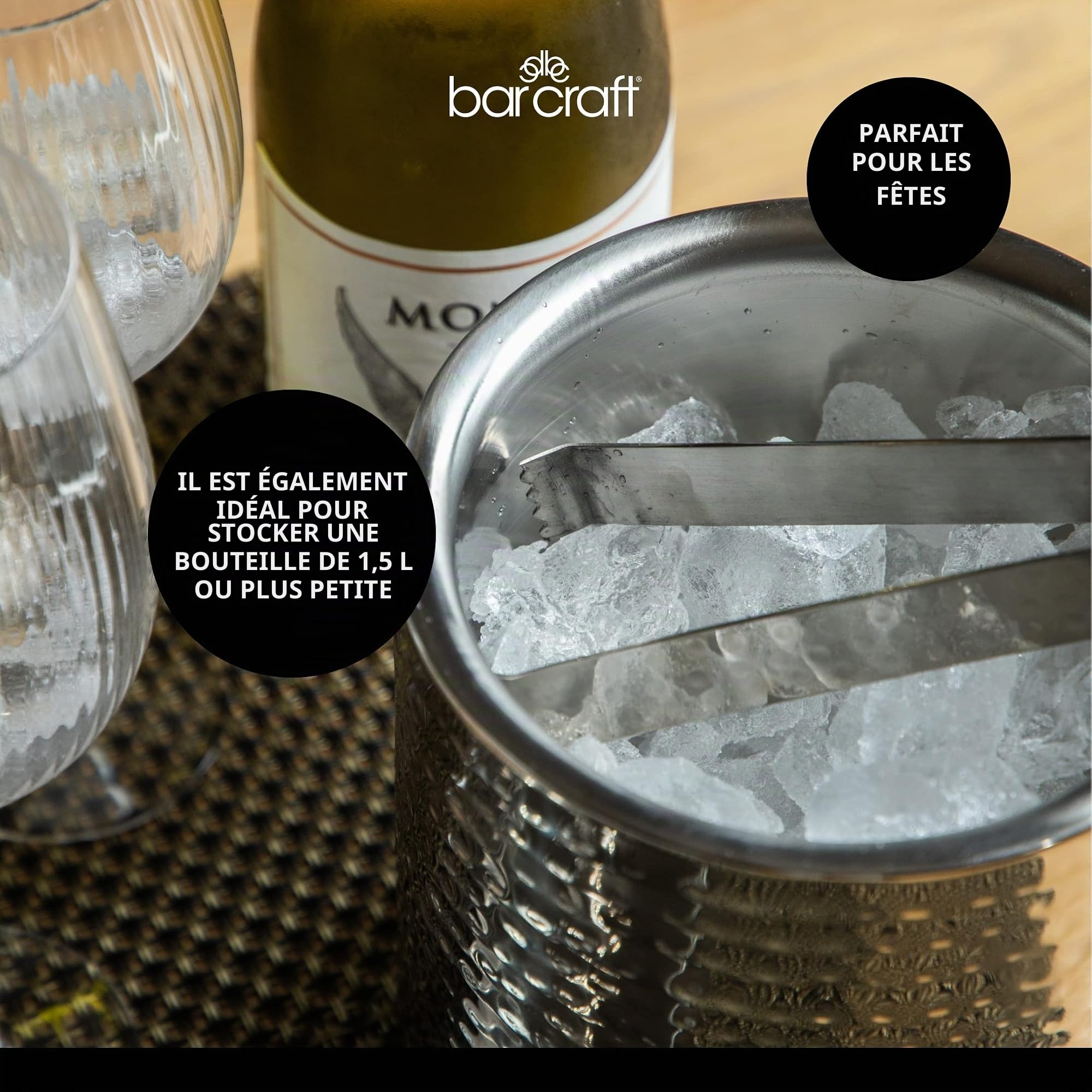 BarCraft Seau à glace en acier inoxydable avec couvercle et pince, 1,5 litre (2,5 pintes) - Finition martelée