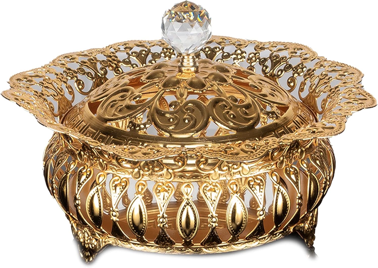 Hakan Handmade Fancy Sugar Serving Bowl with Lid and Crystal Top, Stainless Decorative Candy Dish, Footed Gold Candy Jars for Office Desk (Gold)