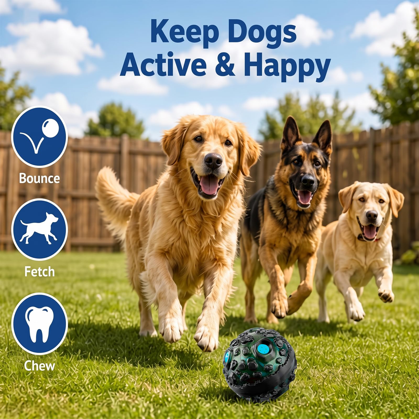 Honoson Lot de 4 balles à mâcher agressives pour chien – Jouet interactif indestructible avec rire qui couine – Jouet à mâcher en caoutchouc élastique pour chiens de petite, moyenne et grande taille
