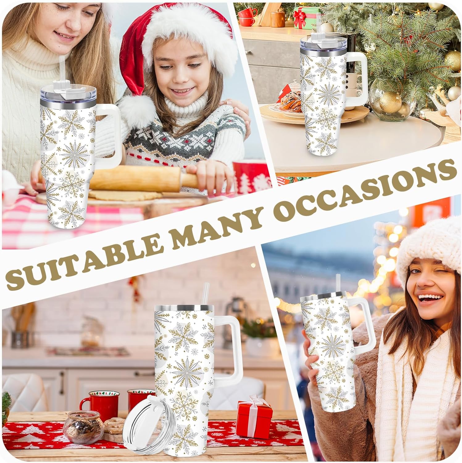 JarThenaAMCS Christmas Tumbler with Lid Straw 40 Oz Gold Silver Snowflake Stainless Steel Travel Tumbler Cup with Handle for Xmas Winter Iced Coffee Party Favor - Image 7