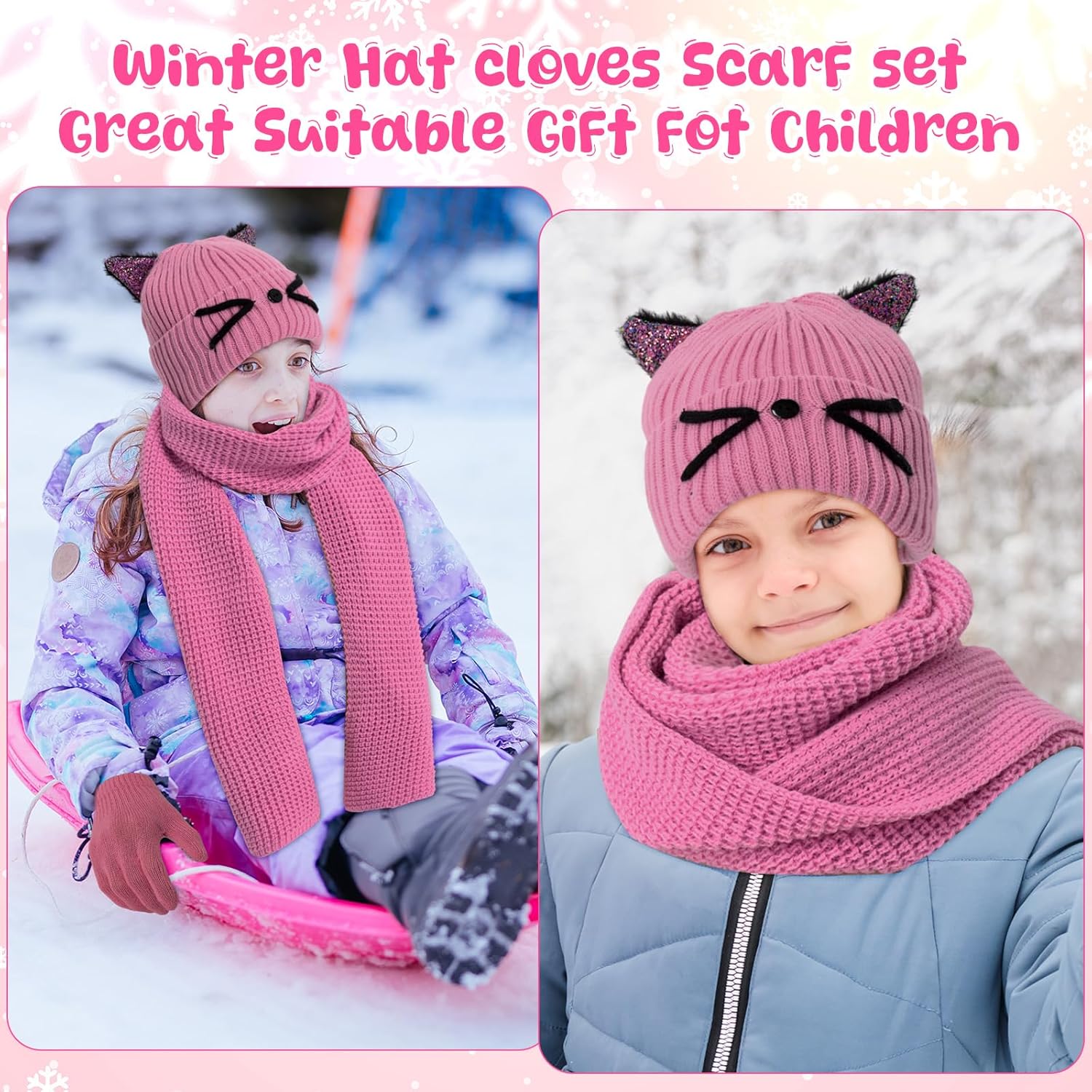 3 Pcs Winter Hat Gloves Scarf Set for Kids Girls Toddler Children Winter Cat Beanie, Glove, Scarf for 7-12 Age(Pink) - Image 6