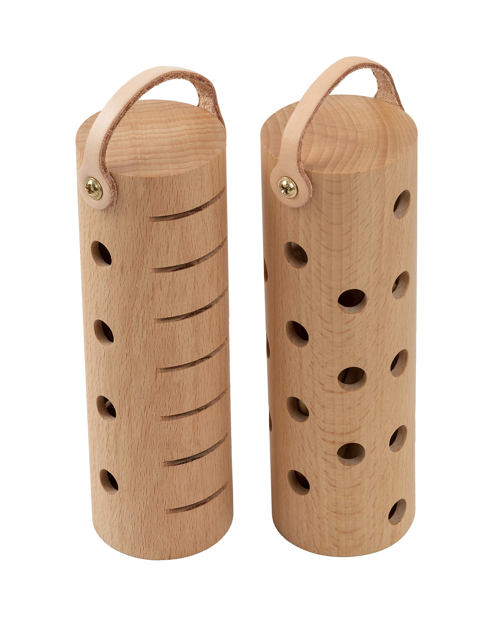 Tube Shaker Set Percussion Caxixi Hybrid Instrument para sonidos innovadores (15 x 5 cm, madera de haya, soporte de piel, incluye funda), color marrón