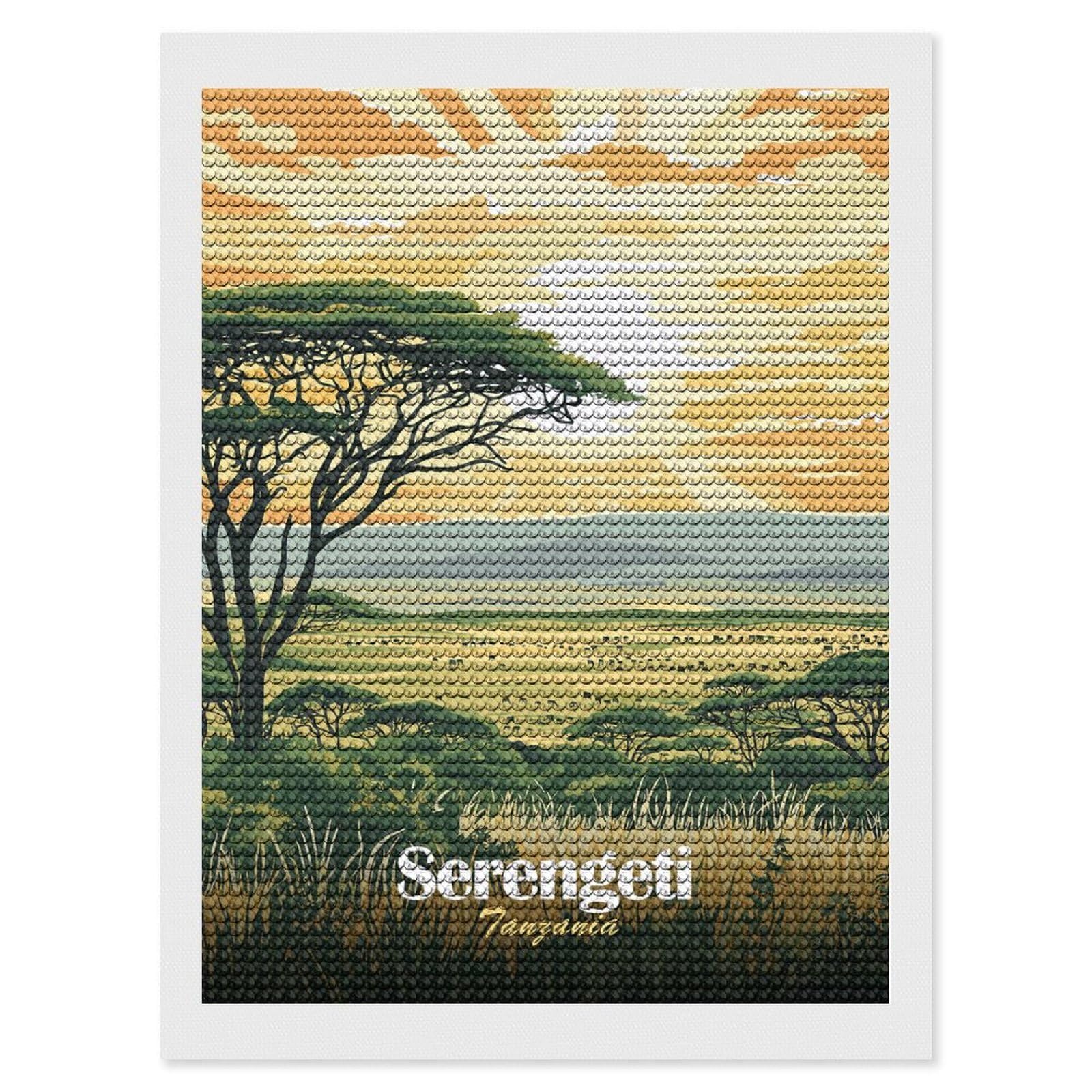 Junmoney Serengeti Sunset Landscape(2) Round Drill Diamond Painting 12"x16", Satisfying Creative Project, Complete Accessories, Printed Canvas