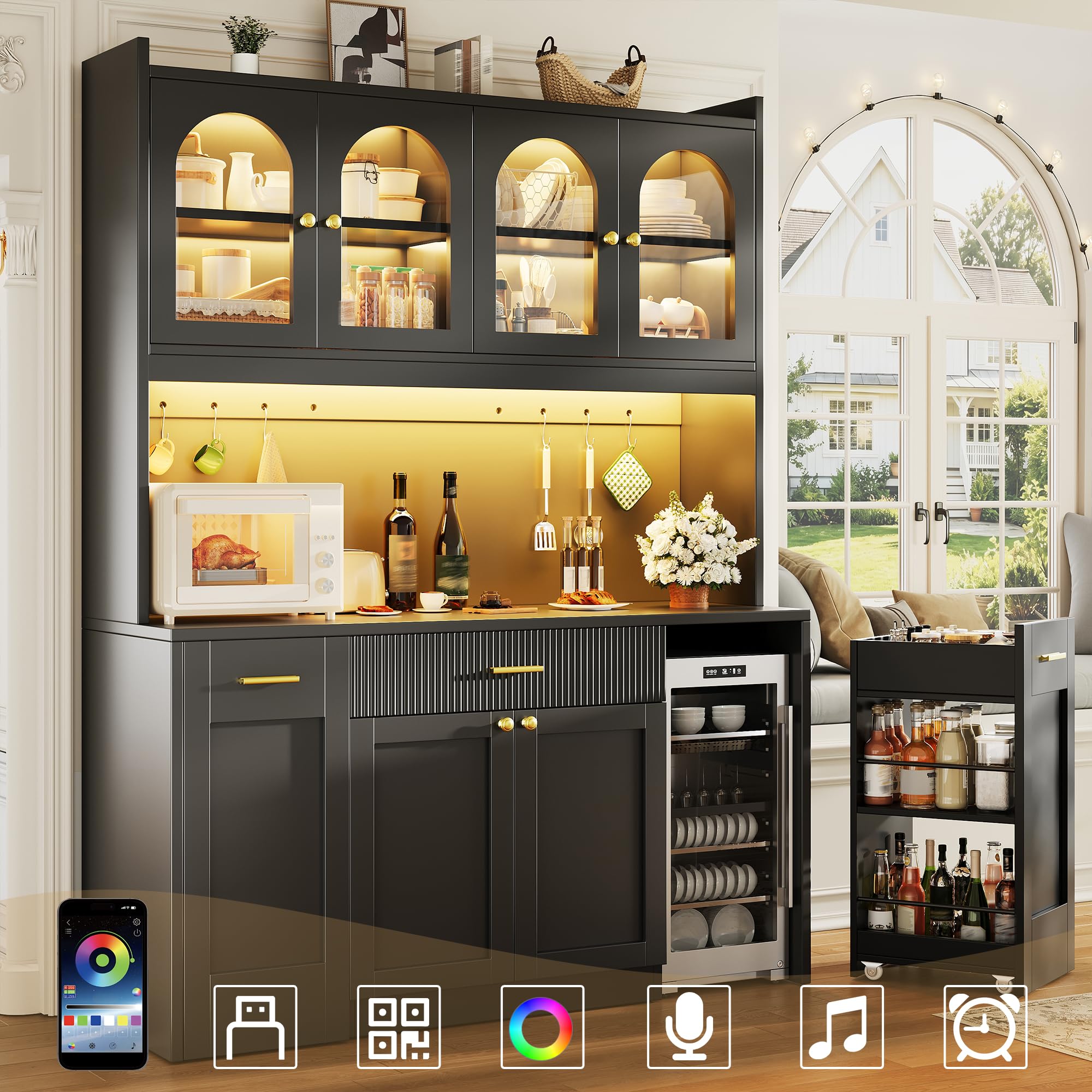 Buffet Cuisine Rangement 120 cm, Armoire de Cuisine Haute Modulable avec LED RGB et App, 3 Vitrines en Verre, Tiroirs, Étagères Coulissantes – Vaisselier Moderne pour Salon, Salle à Manger et Cuisine