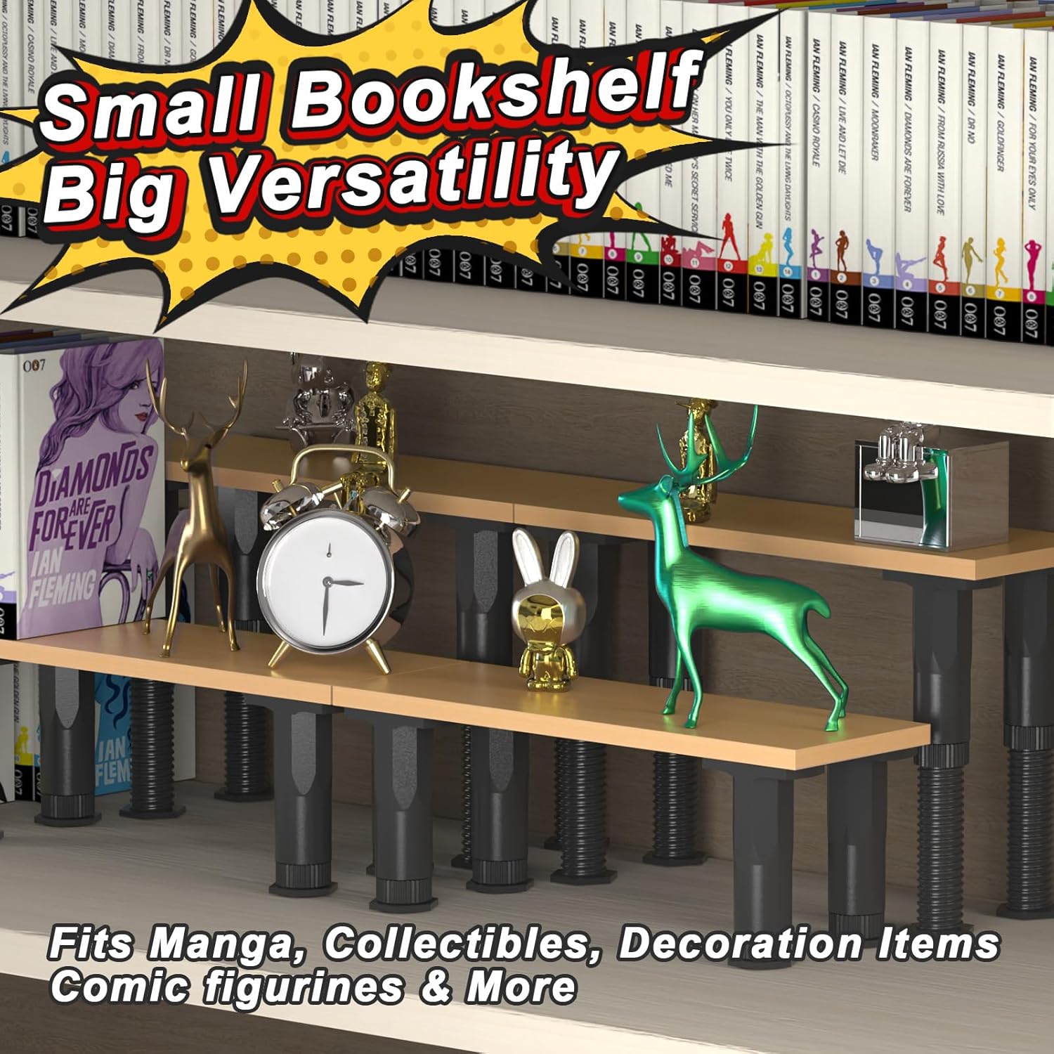Manga Shelf Risers, 2 Pack Bookshelf Risers for Double Row Book Display, Height Adjustable, Light Wood Finish, Space Saving Organizer for Manga, Figures & Collectibles