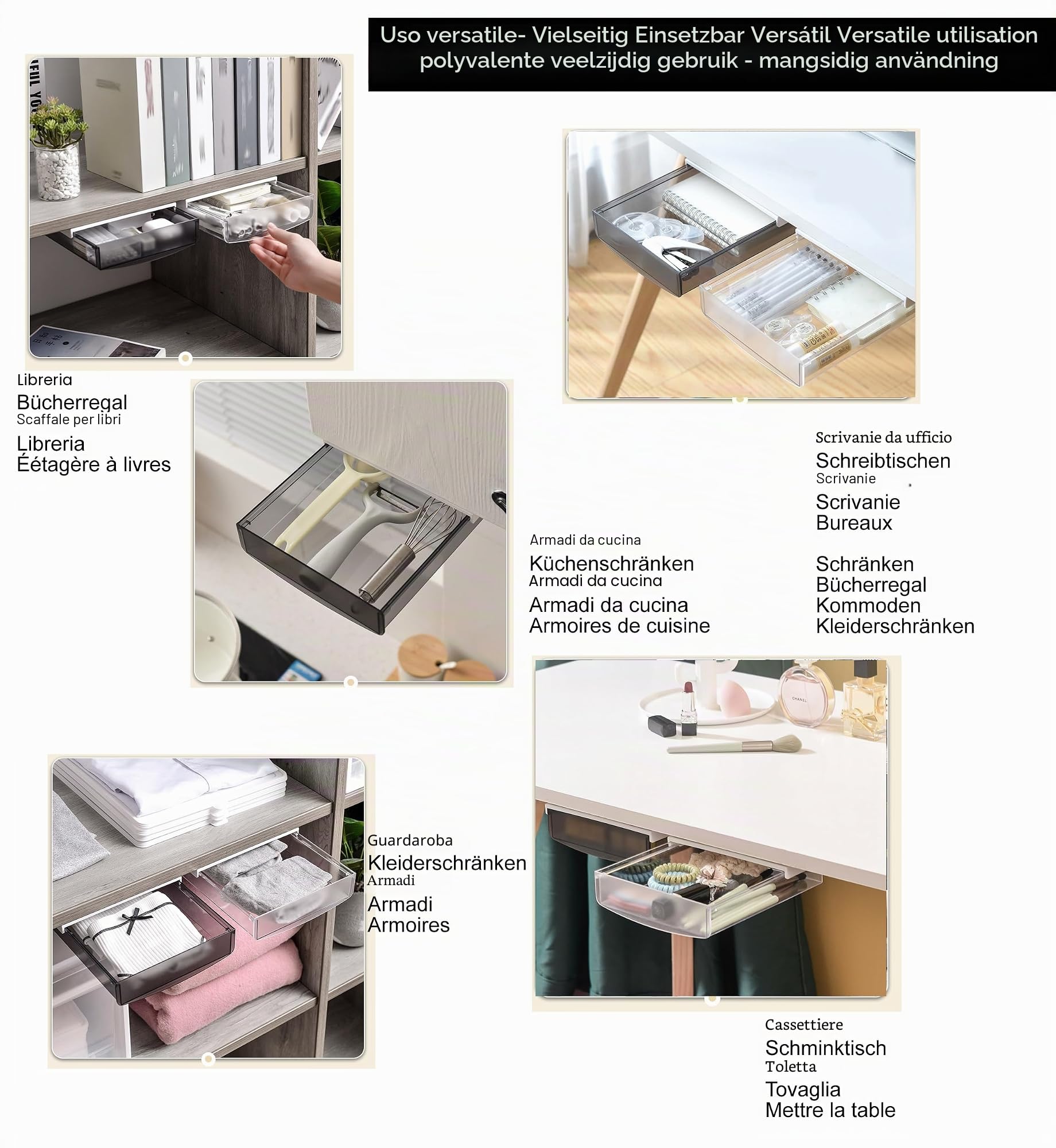 TUKA-i-AKUT 2X 1,7L Cassetti Sotto Scrivania, 21x18x5,4cmcm Autoadesivo Nascosta Cassetto Sottostruttura per Scrivania/Mobile/Libreria/Mobile da Cucina ecc. 2 Unità Glassato Traslucido TKD8608