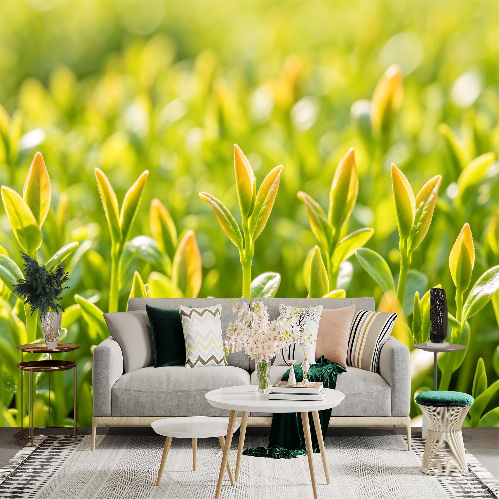 Lnzczhyre Dbh260521105 Custom Size Wall Sticker Mural， Vibrant Spring Tea Leaves， Fresh Green Foliage， Natural Plant Macro View， For Wall Decoration， Peelandstick Wall Decals.