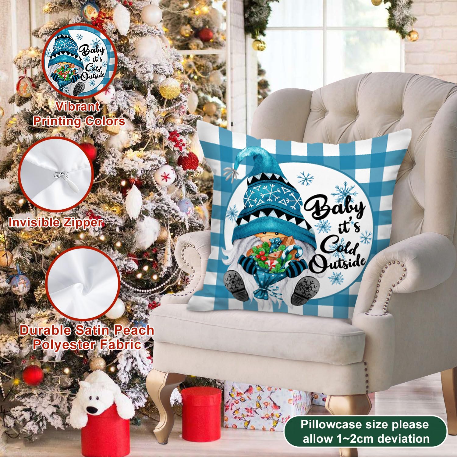 Lanpn 4 Stück Kissenbezug Weihnachten Kissenhülle 45x45 cm, Zwerg Winterkissenbezug Dekoration für Sofa Blau 45 x 45 cm