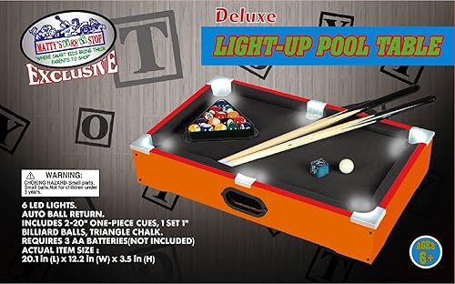 Matty's Toy Stop Deluxe - Tablero de mesa de madera de 20 pulgadas con luz LED que brilla en la oscuridad (billar) con 15 bolas de colores, 1 bola