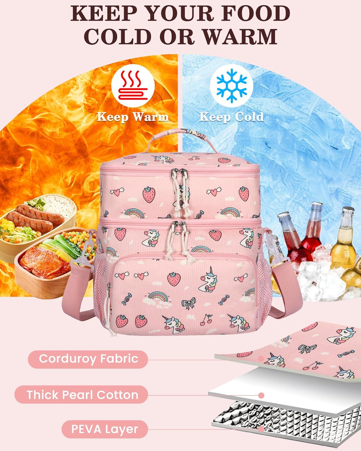 HowFly Corduroy Insulated Lunch Bag Box for Women Men - Double Deck - Soft Reusable Thermal Portable Cooler Tote Bag for Work Travel, Unicorn
