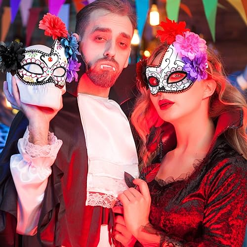 Miniatura 4 de Leyndo 4 piezas Día de los Muertos Azúcar Medio Calavera Máscara de Ojos Máscara Mexicana Mascarada Máscaras Halloween Cosplay Fancy Dress