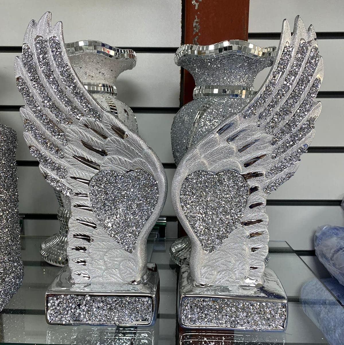 DEENZ Silver Crushed Diamond Sparkly Pair Wings Angel Decoration Shelf Sitter Bling Home Decor Ornament (Silver)