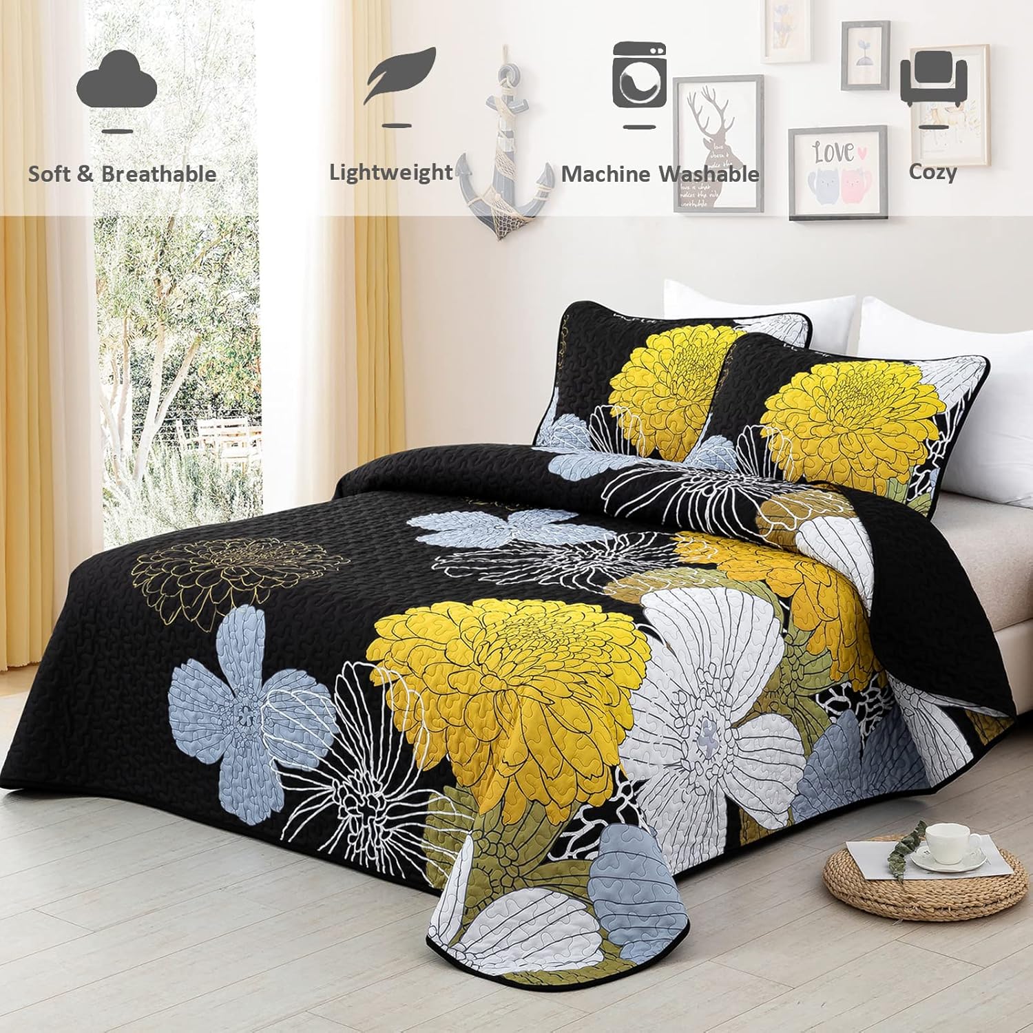 3 Pieces Yellow Floral Pattern Quilts Queen Size Coverlet Set - Lightweight Black Bedspread with 2 Pillowcases for All Season - Soft Microfiber Reversible Bedding Quilt Set (Yellow/Black, 96''x90'') - Image 2
