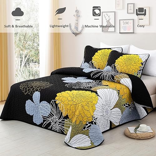 Miniatura 2 de Juego de colcha de 3 piezas con patrón floral amarillo, tamaño King, colcha negra ligera para todas las estaciones con 2 fundas de almohada, juego