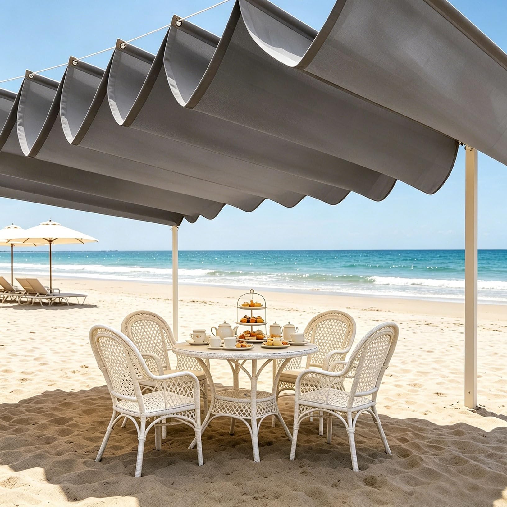 Voile d'ombrage rétractable vague 5.5x8m gris foncé imperméable pour grand jardin et terrasse