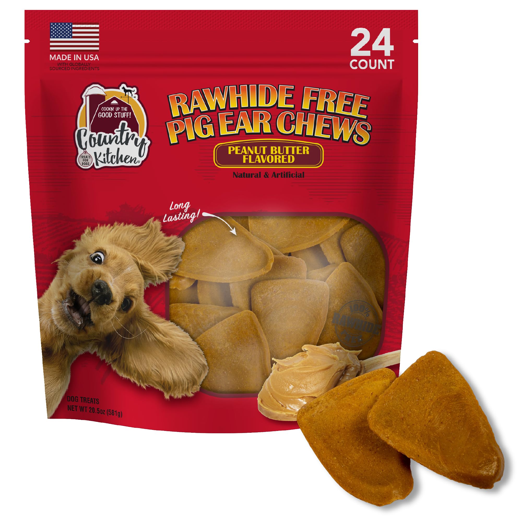 Country Kitchen Rawhide Free Pig Ear Chews Dog Treats, Peanut Butter Flavor, 24 Count