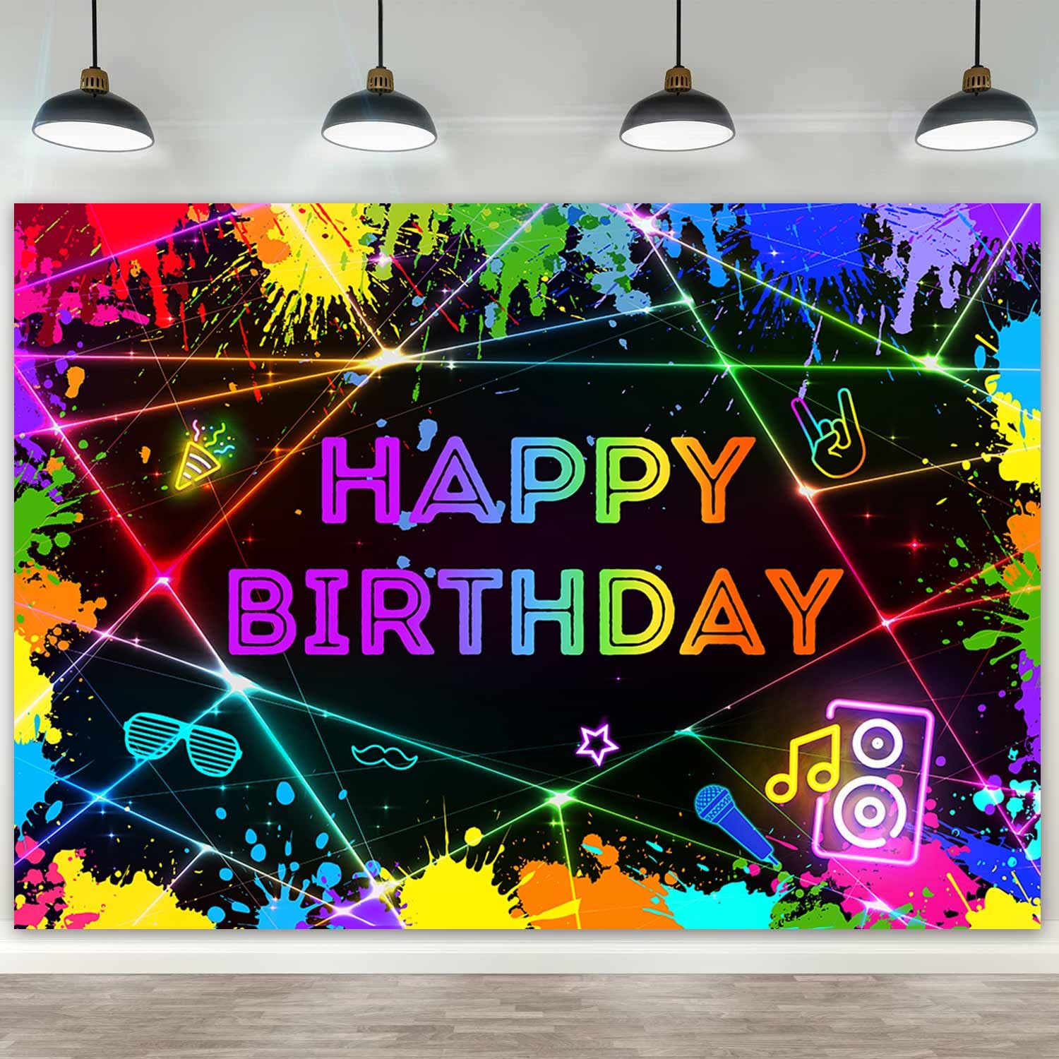 Sensfun Neon Happy Birthday Backdrop Glow in The Dark Party Decorations Graffiti Painting Splatter Photography Background Let's Glow Crazy Birthday