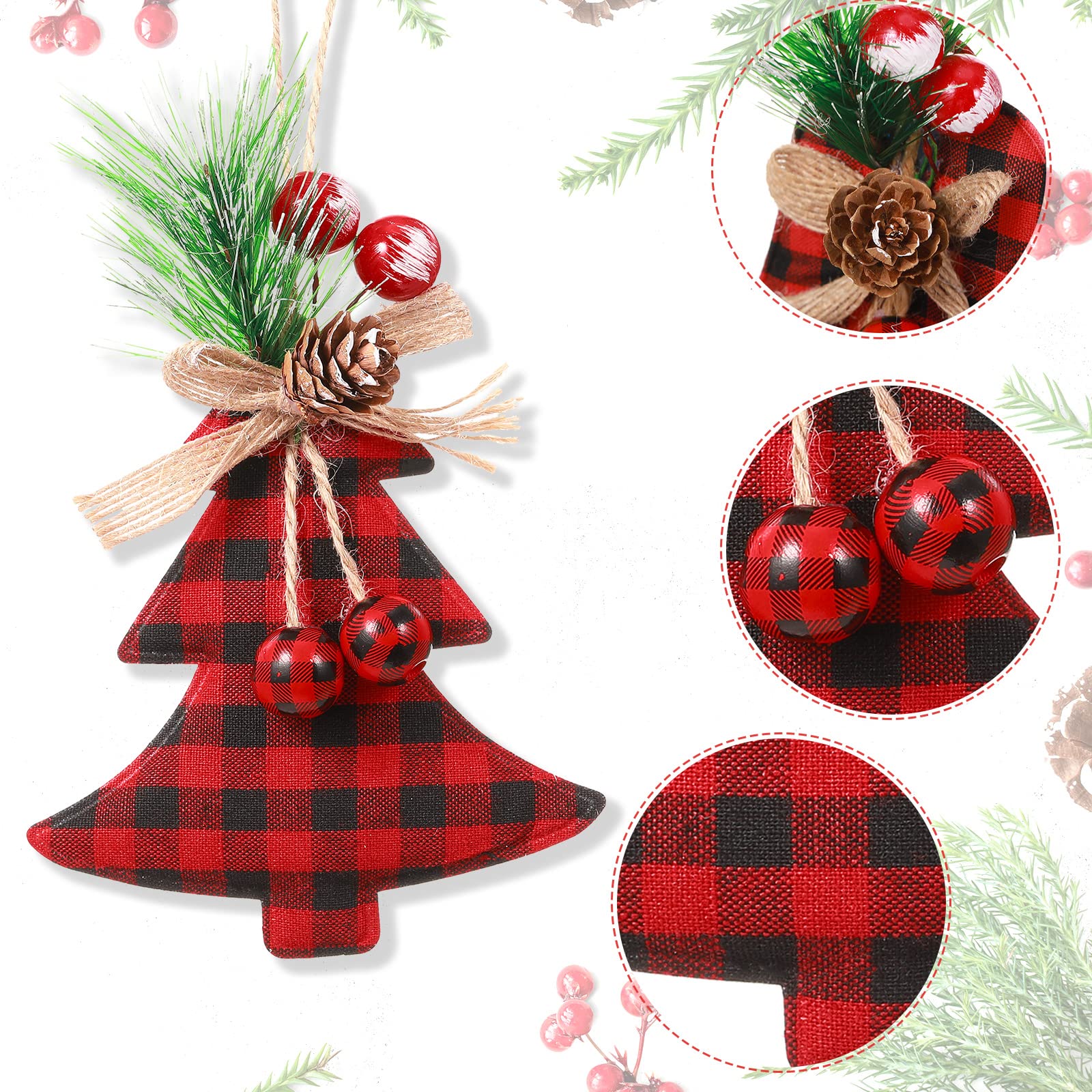 Lot de 20 décorations rustiques pour sapin de Noël à suspendre en toile de jute - Motif carreaux de buffle rouges et noirs - Décoration de Noël rustique pour décorations de Noël