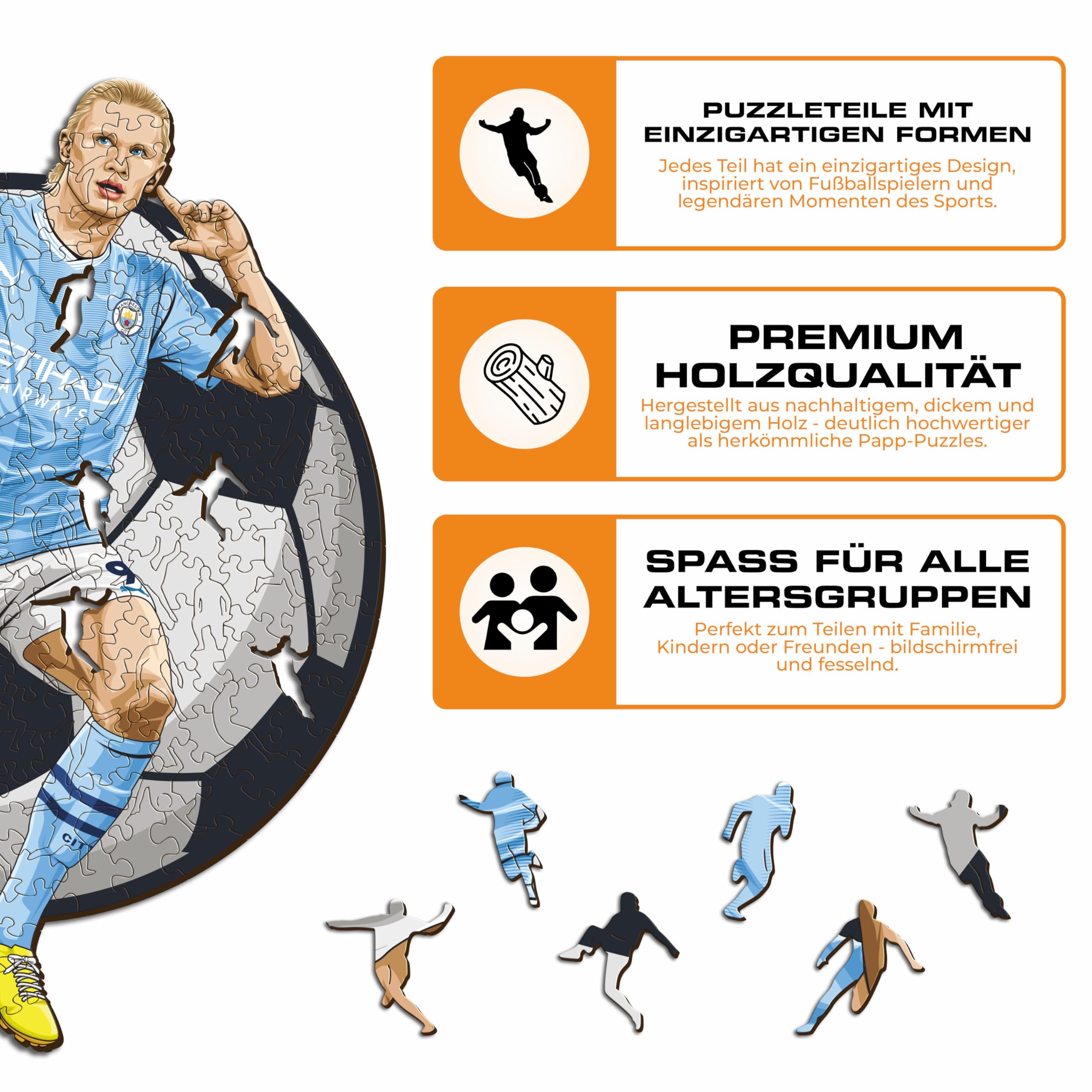 Iconic Puzzles – Manchester City, Erling Haaland, offiziell Lizenziertes Holzpuzzle, 100% nachhaltig, Geschenk für Erwachsene und Kinder, Größe M, 270 Teile