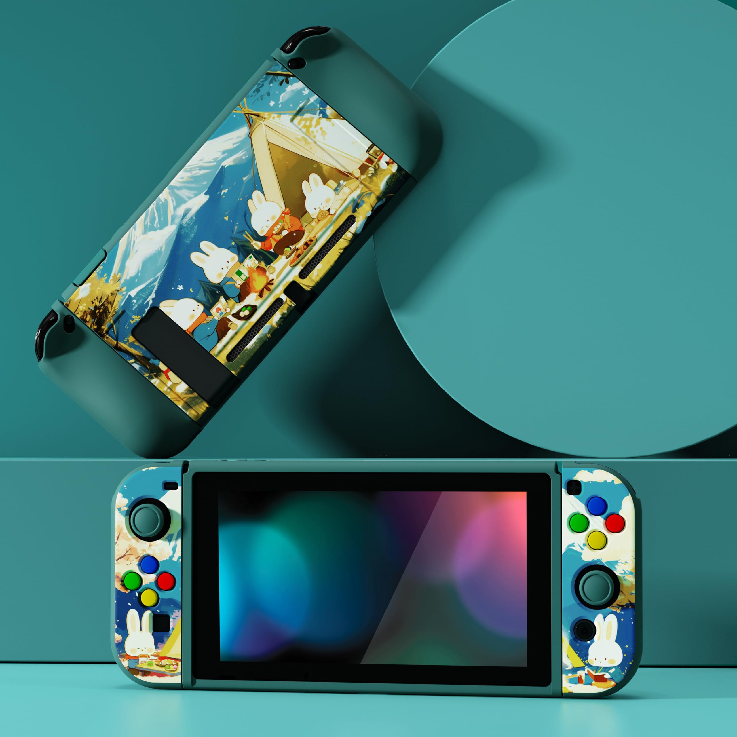 PlayVital Cover Custodia per Nintendo Switch,Copertura TPU Pellicola Vetro Temperato Protezione Copri Analogici Accessori per Switch Joycon Console-ZealProtect-Conigli da Campeggio
