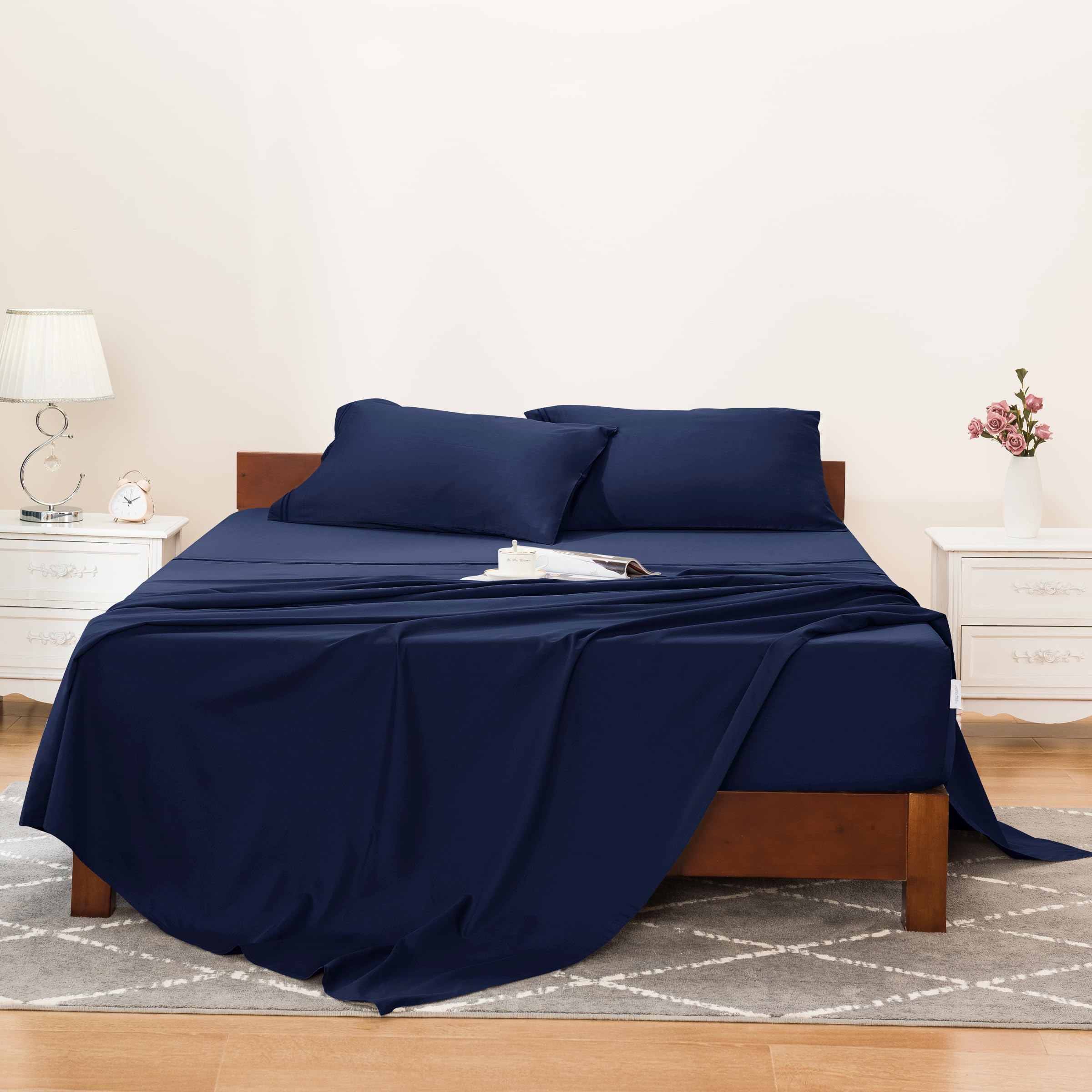 SUBRTEX Queen Tencel Sheet Set, 4 PC Cotton Tencel Lyocell Bed Sheets for Queen Size Bed, Silky Soft Bedding Sheets & Pillowcases Set, 16" Deep Pocket, Breathable & Cooling Sheets (Queen, Navy)
