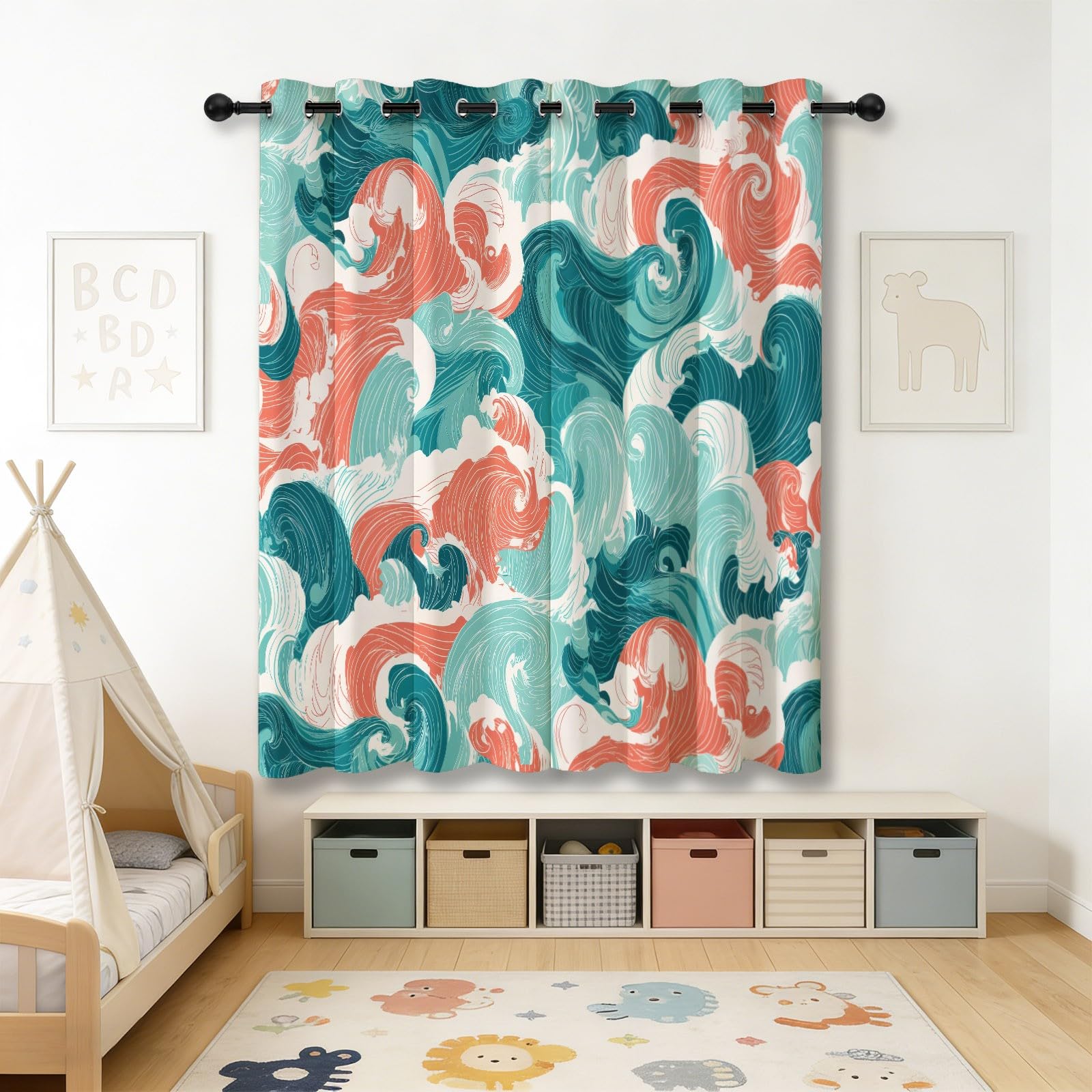 Generisch Natur Skandinavisch Vorhänge mit Ösen, Blau Blickdichte Vorhänge Wohnzimmer Schlafzimmer, Meer Wellen Wirbel Maschine Waschbar Fenster Verdunkelungsvorhänge, H215 x B110 cm 2 Stück