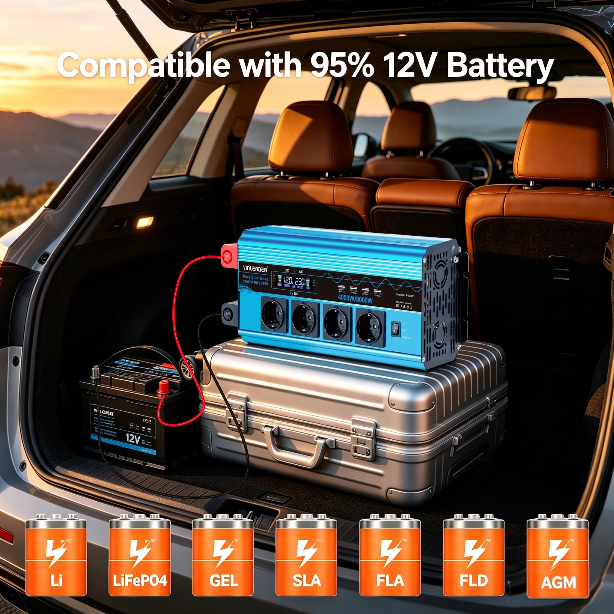 Yinleader Inversor de Corriente Onda Sinusoidal Pura 4000W /8000W 12V 220V Convertidor de 3 sockets y 4 USB LCD (con Mando a Distancia)