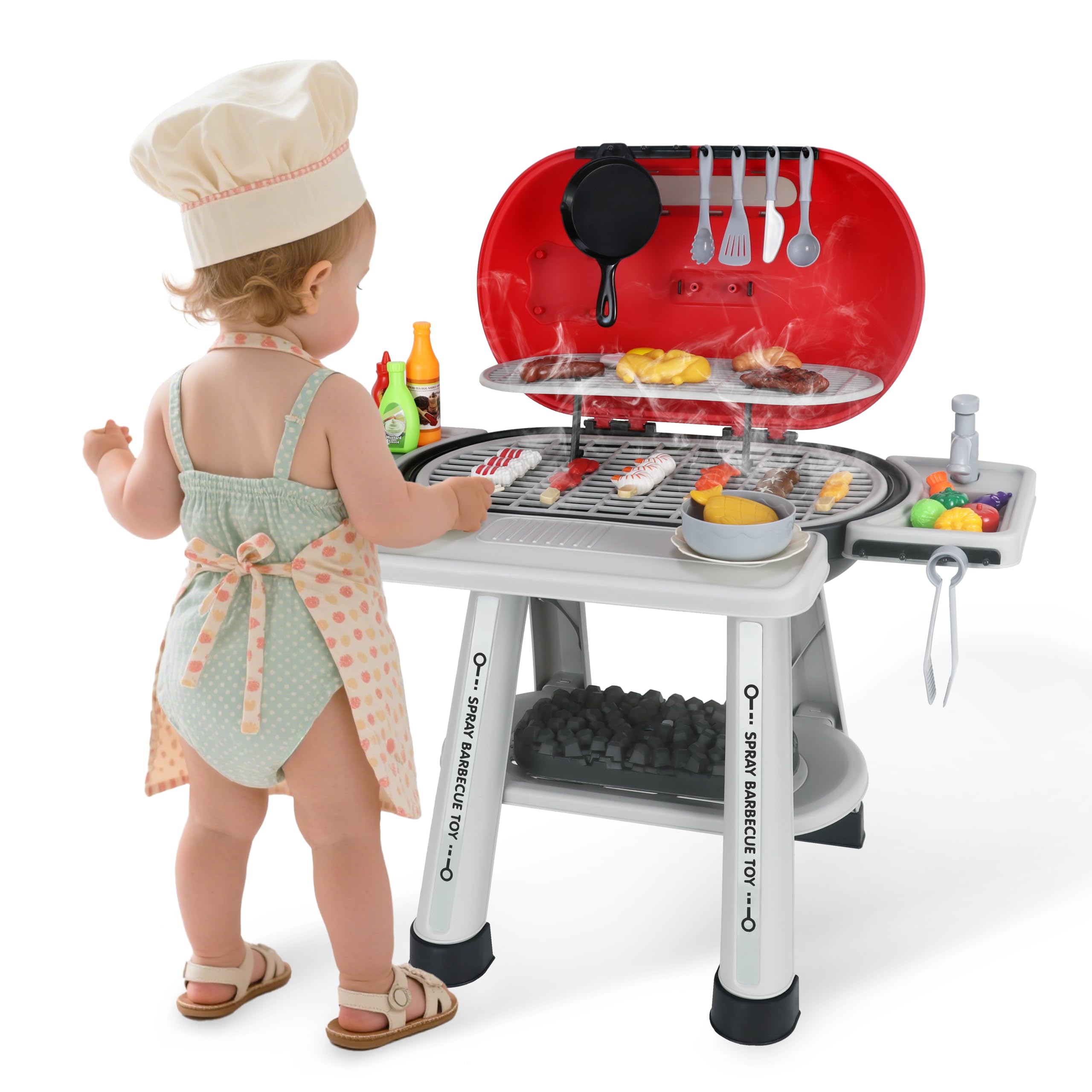 Kids BBQ Grill Playset with Smoke, Lights & Sounds, Toy Grill Kitchen for Toddlers and Kids Ages 3-5, Pretend Play Food Accessories, Outdoor Cooking