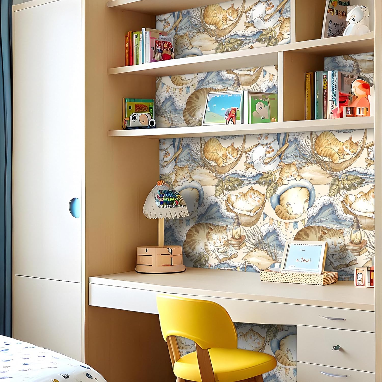 ReWallpaper 17.5in×23ft Cute Cat Peel and Stick Wallpaper Blue Waves Gold Beachy Coastal Wallpaper for Bathroom Removable Tropical Leaves Funny Brown Cat Wall Decor for Cat Lovers Kids Bedroom Walls