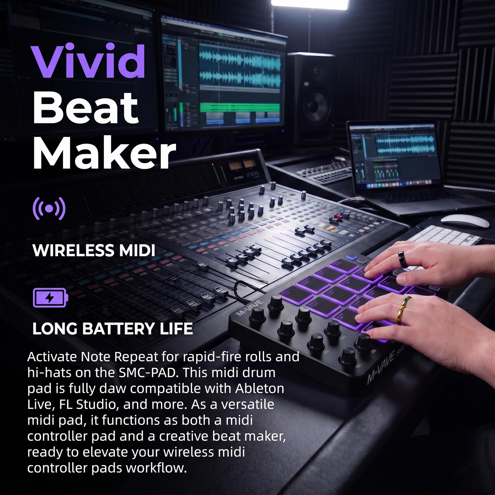 M-VAVE SMC-PAD Contrôleur MIDI portable sans fil Bluetooth avec coussinets sensibles à la vitesse, Beat Maker, câble audio blanc de 6,35 mm (noir)