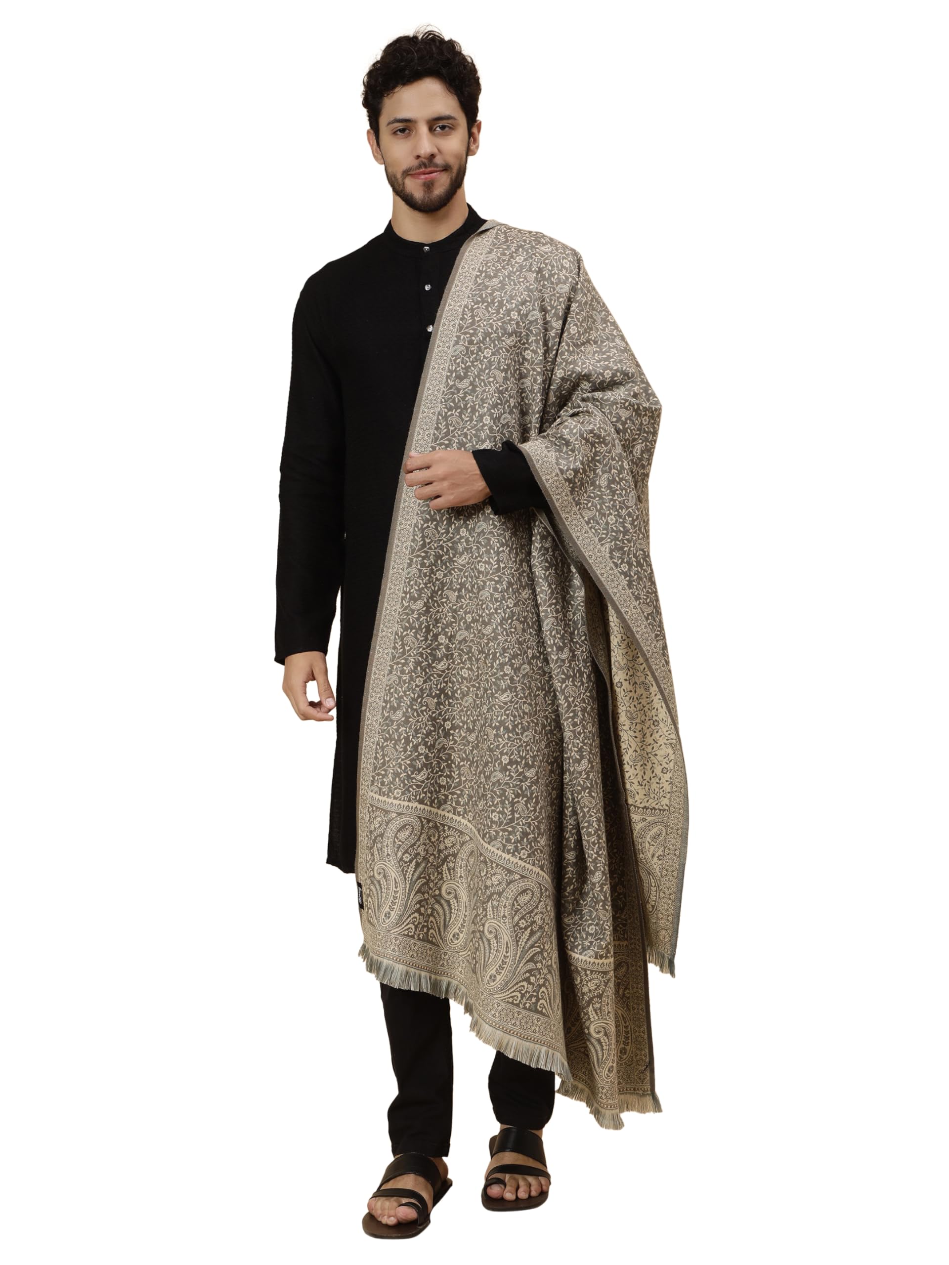 Men’s Jamawar Weave Warm and Soft Woolen Shawl/Stole with All Over Floral-image-47