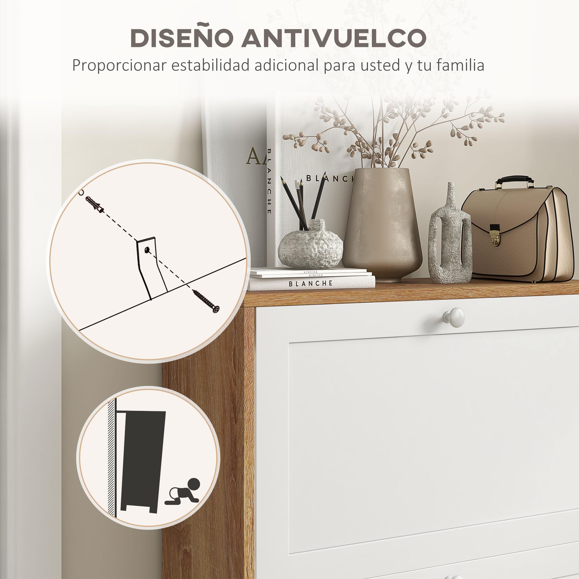 HOMCOM Zapatero Estrecho con 2 Puertas 60x24,5x75,5 cm Natural y Blanco | Zapatero para Entrada Recibidor,Estantes Regulables,Capacidad para 12 Pares de Zapatos,para Pasillo y Espacios Pequeños