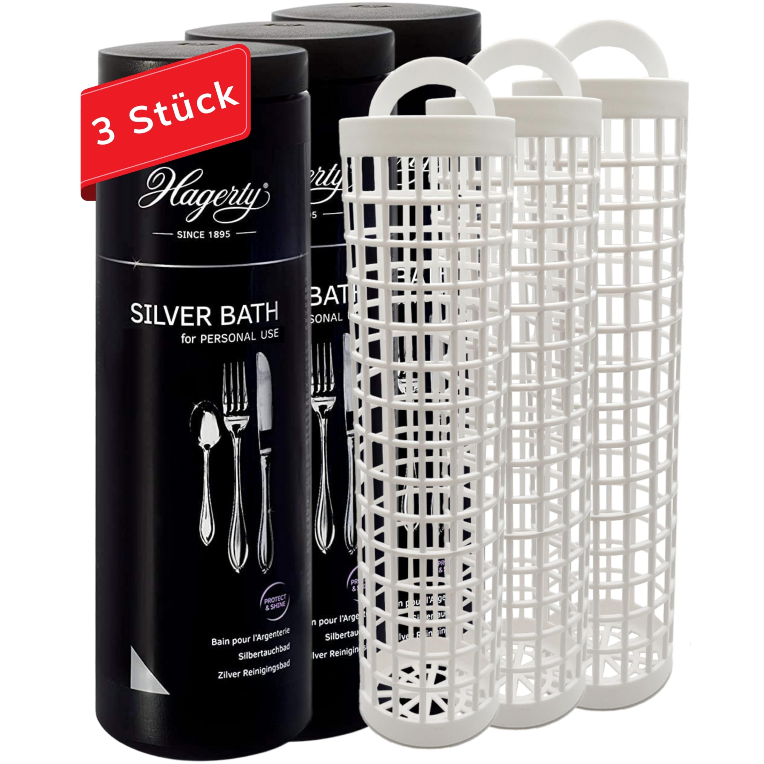 Hagerty Set 3x Silver Bath Silbertauchbad mit Anlaufschutz 580 ml I Effektives Silberputzmittel für Besteck aus Silber/versilbertem Metall I Silber-Reinigungsbad für erneuerten Glanz mit Tauchkorb
