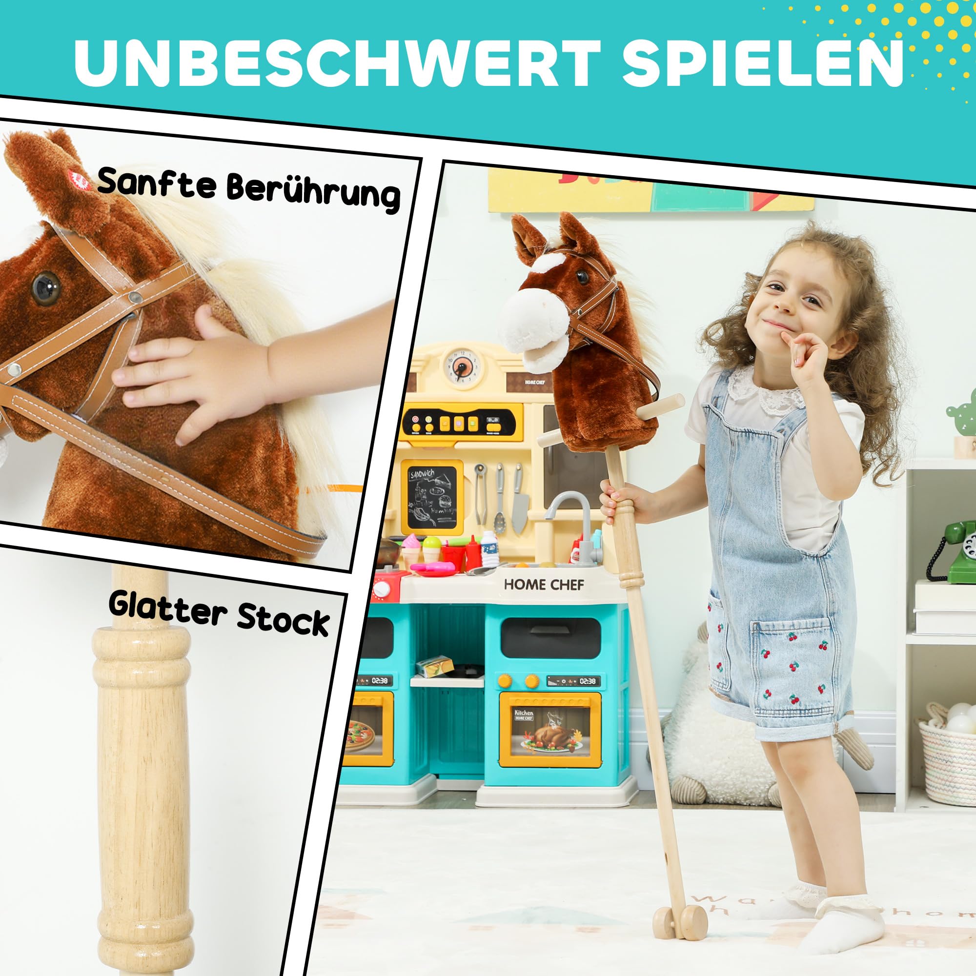 AIYAPLAY Hobby Horse Steckenpferd mit Sound, Griffe, Rolle, Holzstock, Hobby Horsing aus Polyester mit Langer Mähne für Kinder 24+ Monate, Stockpferd & Rollenspiel