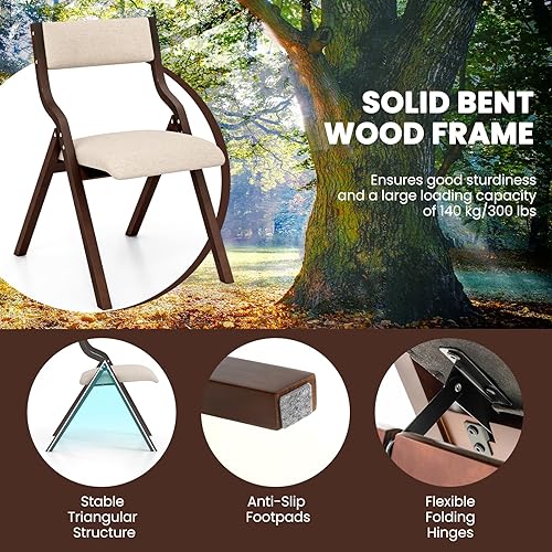 Miniatura 4 de Giantex - Juego de 2 sillas de comedor plegables, sin necesidad de ensamblaje con asientos acolchados de lino, sillas plegables de madera