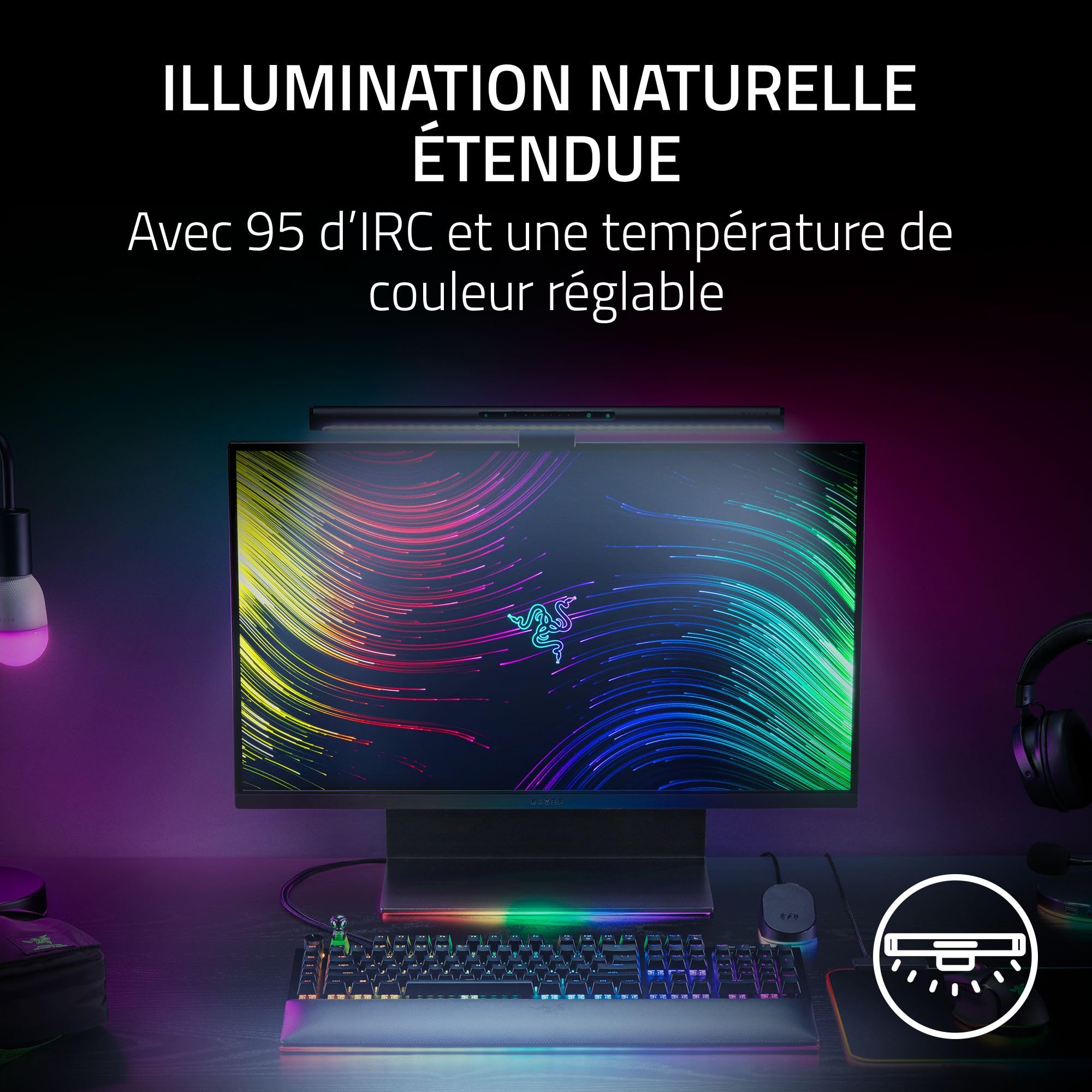 Razer Aether Monitor Light Bar - Lampe pour écran d'ordinateur RVB, barre lumineuse tactile USB réglable Noir