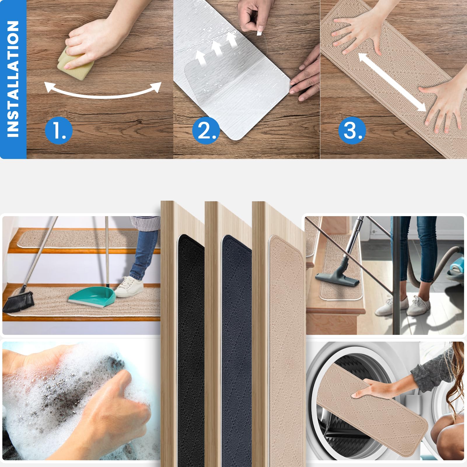 Treppenstufen Matten 76x20 cm, Stufenmatten Selbstklebend Innen 15 Stück, Treppenstufen Antirutsch Zuschneidbar Wiederverwendbar für Schützen Sie Haustiere, Senioren Kinder (Cremebeige)