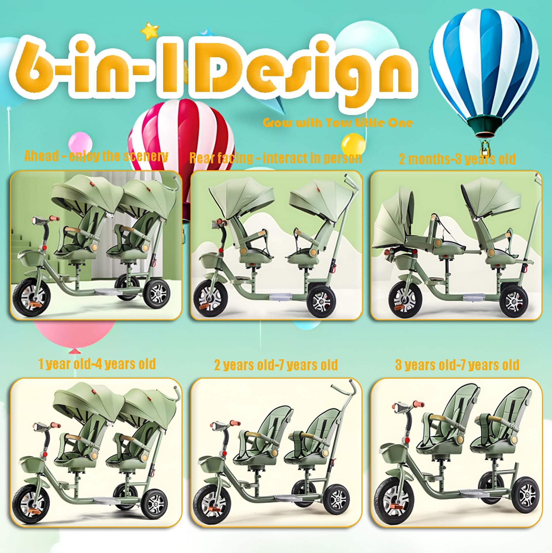 Kids Tricycle - 6 in 1 Double Seat Children's Tricycle, Toddler Pushchair, Detachable Canopy, Folding Pedals, Reversible Seat, Removable Guardrail, Suitable for 1 to 7 Years Old Children,White c