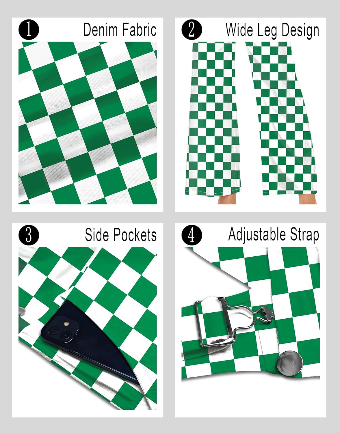 Womens Checkered Denim Bib Overalls Wide Leg Plaid Jean Pants with Pockets - Image 4