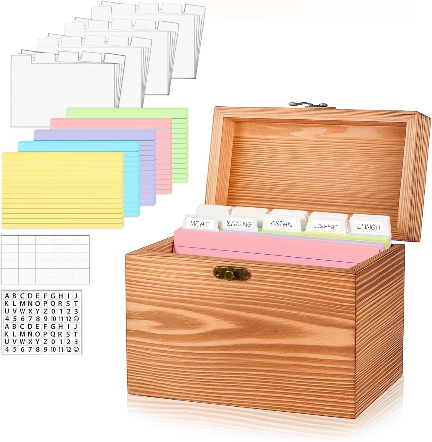 MOBYKE Index Card Holder 4x6, wooden Origanizer Recipe Box with 100 PCS Flash cards, 30 White Dividers, 1 Blank Sticker and 1 Letter Sticker, Flashcard Notecard Holders for Home Office