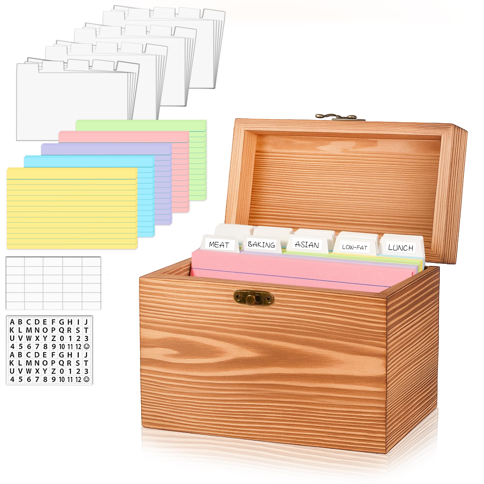 MOBYKE Index Card Holder 4x6, wooden Origanizer Recipe Box with 100 PCS Flash cards, 30 White Dividers, 1 Blank Sticker and 1 Letter Sticker, Flashcard Notecard Holders for Home Office