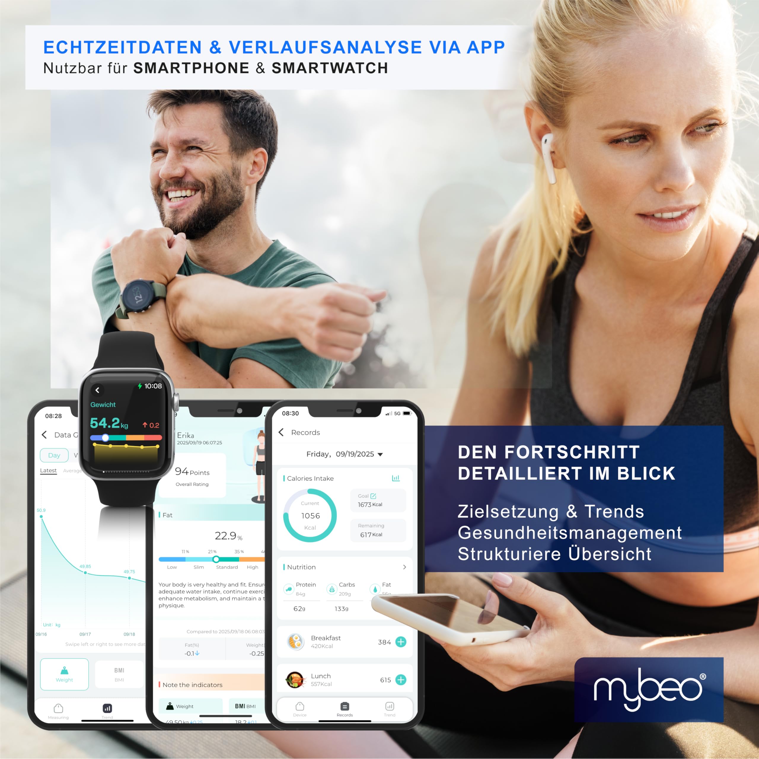 Mybeo - Körperfettwaage mit App - Digitale Bluetooth Körperwaage - Personenwaage Multifunktionswaage - Digitale Anzeige – Full Body Scan - bis zu 180 kg – gehärtetes Glas - mit körperfettanalyse