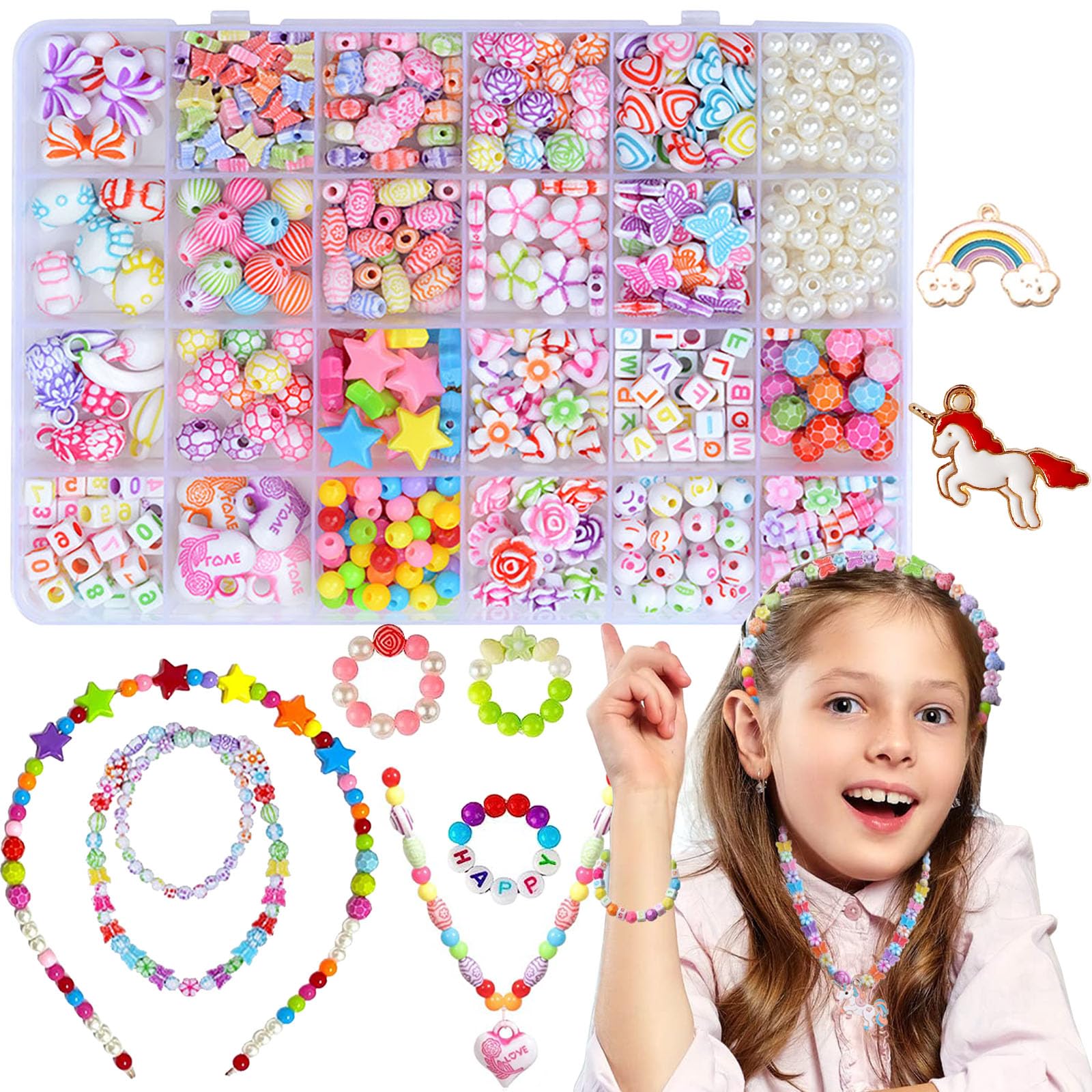 Bambini Perline, Set di Perline Fai Da Te per Bambini, Braccialetti Fai Da Te, Collane,per Bracciale, Kit per la Creazione di Gioielli Colorati