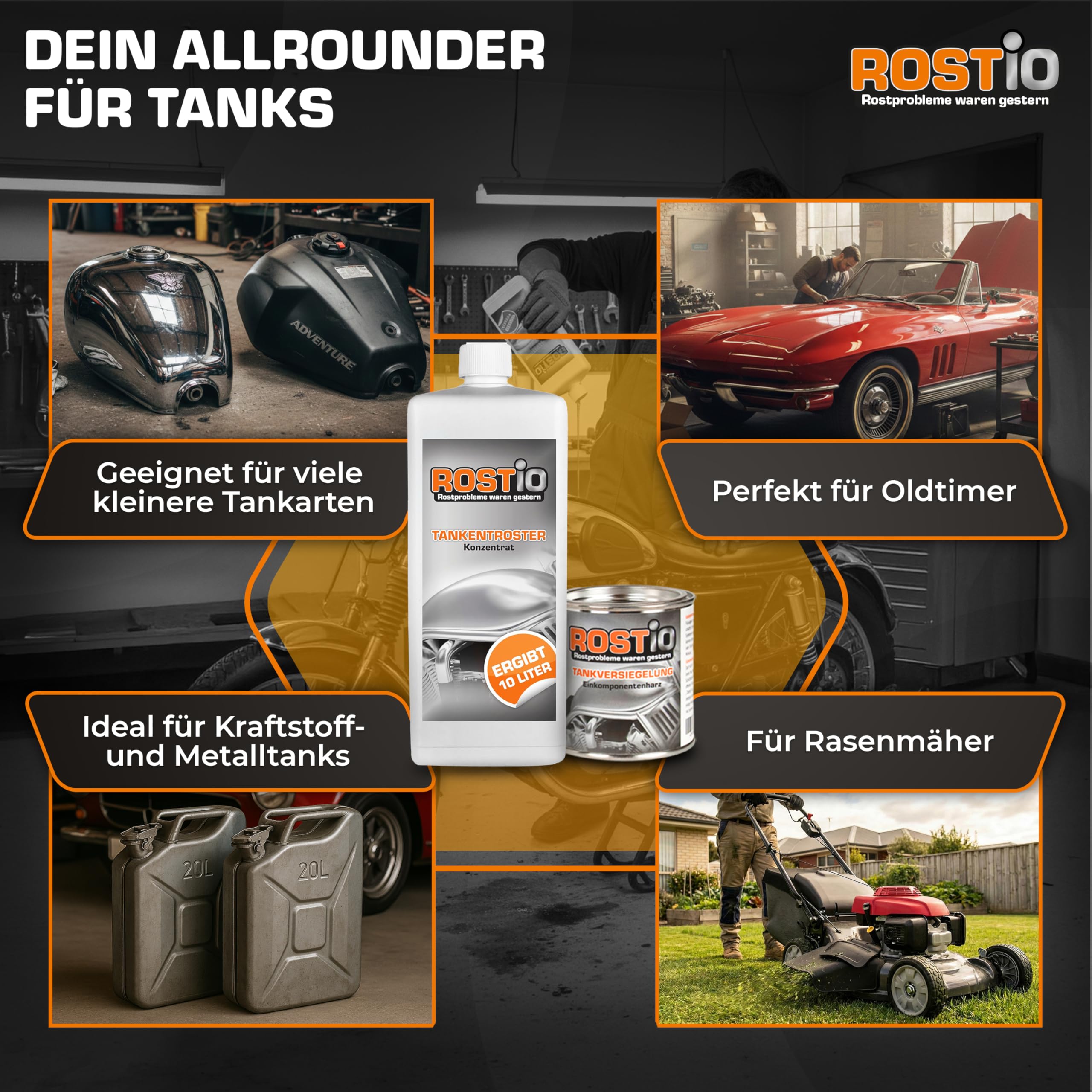 Rostio Tankentroster-Set 1L – inkl. 250ml Tankversiegelung – hochergiebig (1:10) – für Tanks bis 10L – Rostentferner & Korrosionsschutz – ethanolfest & flexibel – Set zur Tanksanierung