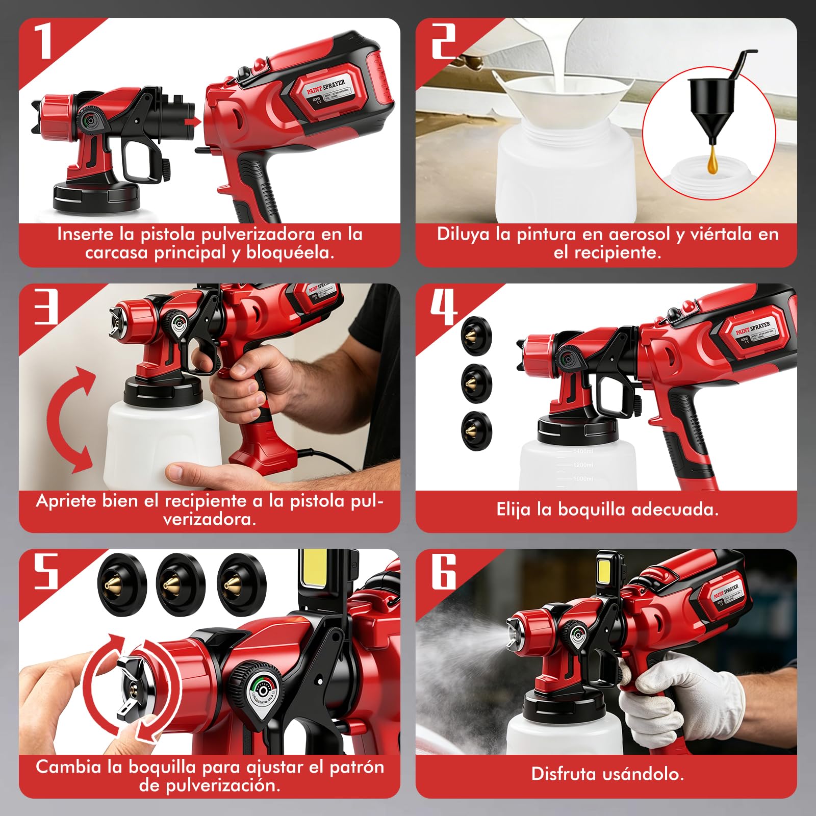Pistola Pintura Electrica, 650W 1400ml Pulverizador De Pintura Profesional Electrico con 3 Boquillas Y 3 Patrones, Hvlp Pistola para Pintar Paredes Y Techos con Flujo Y Ancho De Rociado Ajustables