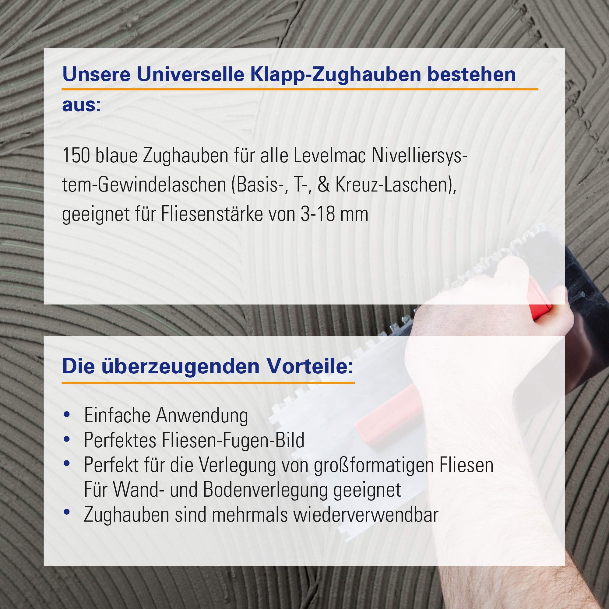 Karl Dahm Universelle Klapp-Zughaube blau, 150 Stück I Zughaube für alle Levelmac Nivelliersystem Gewindelaschen (Basis-, T-, & Kreuz-Laschen) I Geeignet für Fliesenstärke von 3-18 mm – 12480