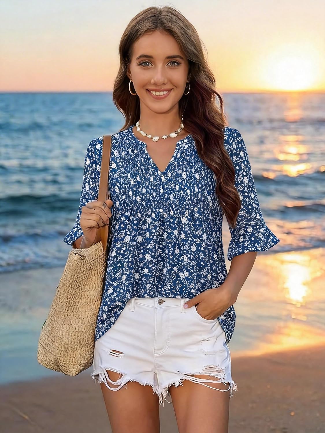 Bulotus Women Blouses Dressy Casual Chiffon V Neck Shirt Double Layered Floral Ruffle Tops Beach Vacation Summer Trendy image 2