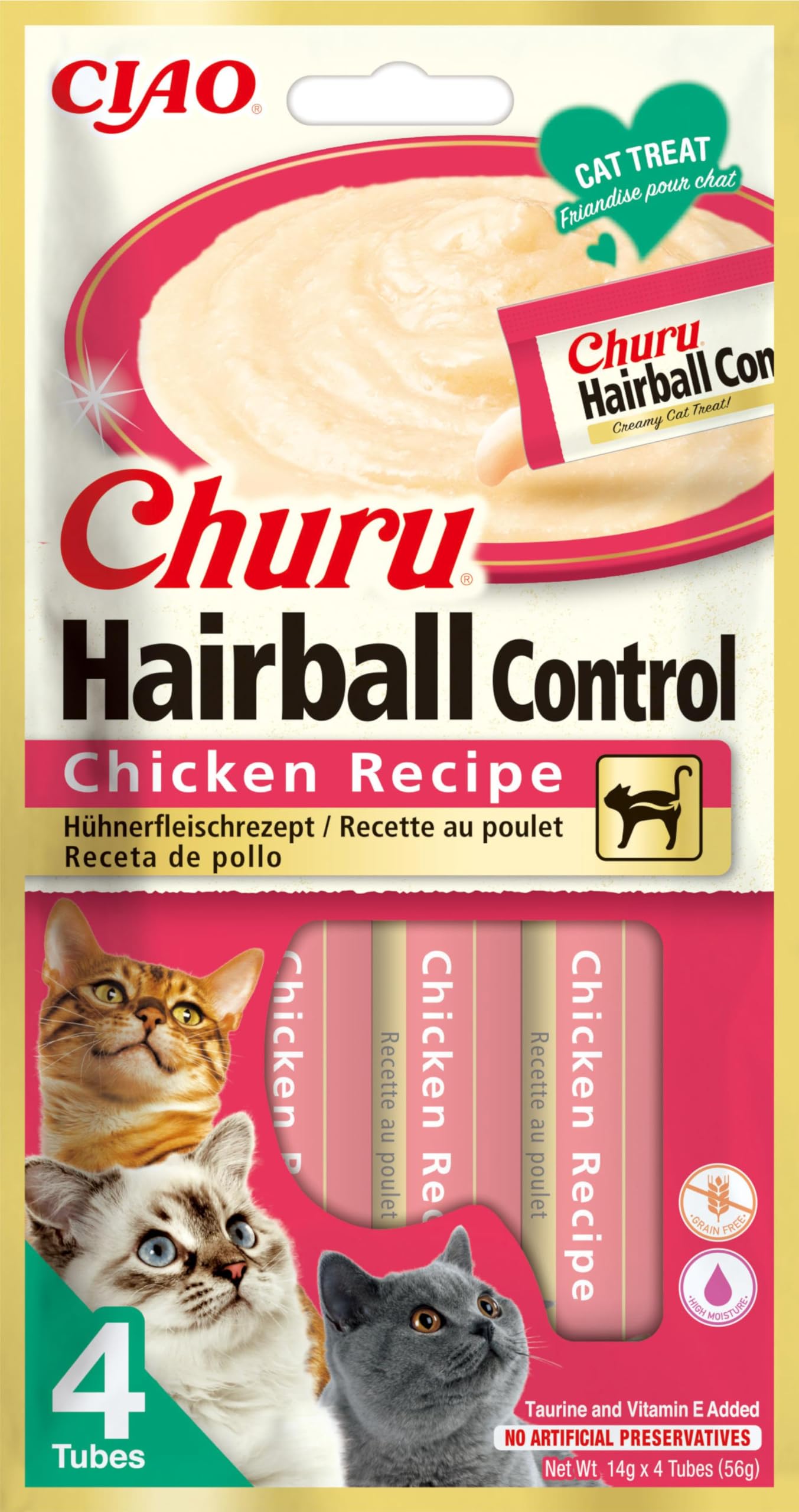 Inaba® Ciao® Inaba Churu Hairball Snack per Gatti per Prevenire i Boli di Pelo al Pollo 4 Stick da 14 g